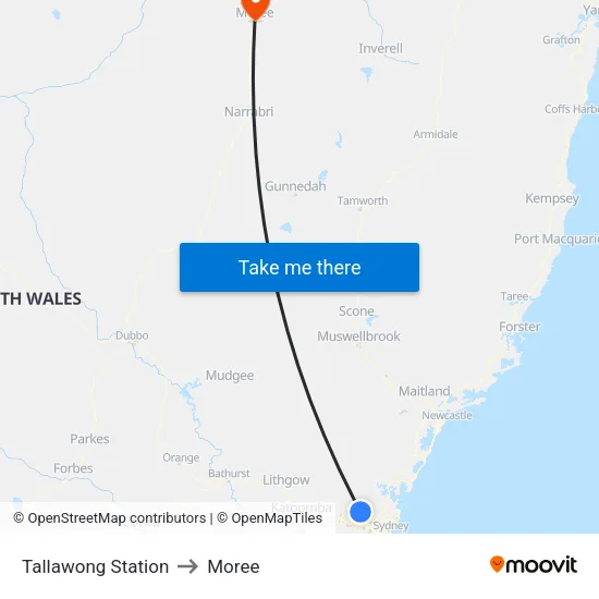Tallawong Station to Moree map