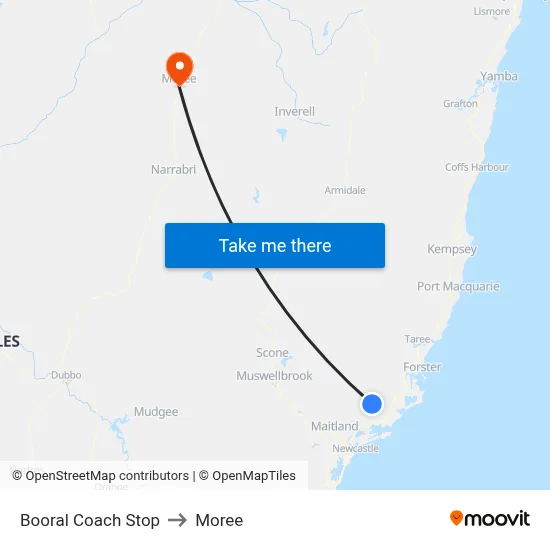 Booral Coach Stop to Moree map