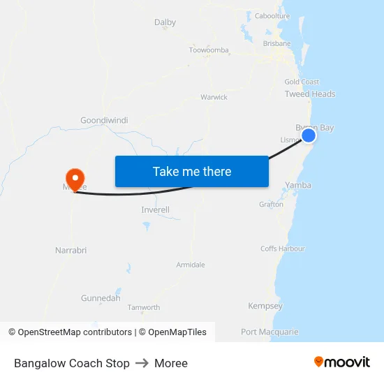 Bangalow Coach Stop to Moree map