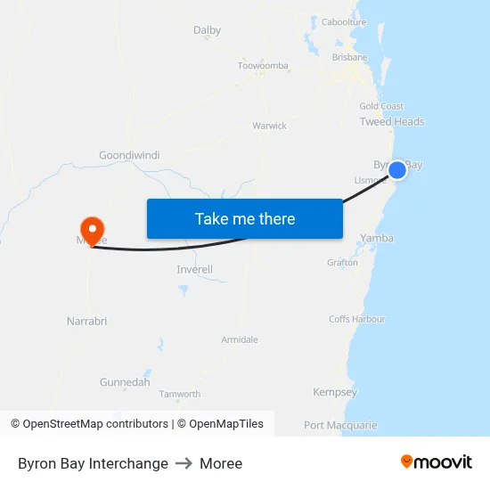 Byron Bay Interchange to Moree map