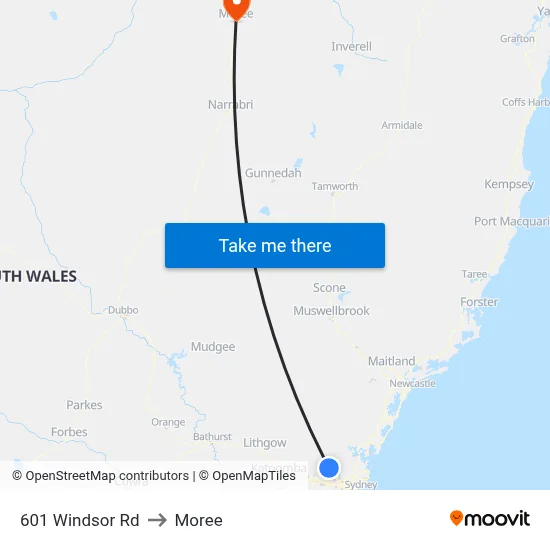 601 Windsor Rd to Moree map