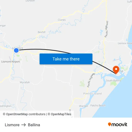 Lismore to Ballina map