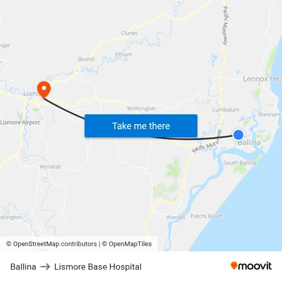 Ballina to Lismore Base Hospital map