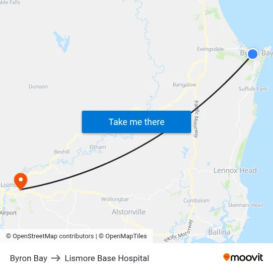 Byron Bay to Lismore Base Hospital map