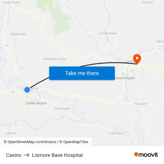 Casino to Lismore Base Hospital map