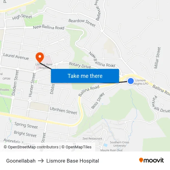 Goonellabah to Lismore Base Hospital map
