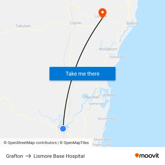 Grafton to Lismore Base Hospital map