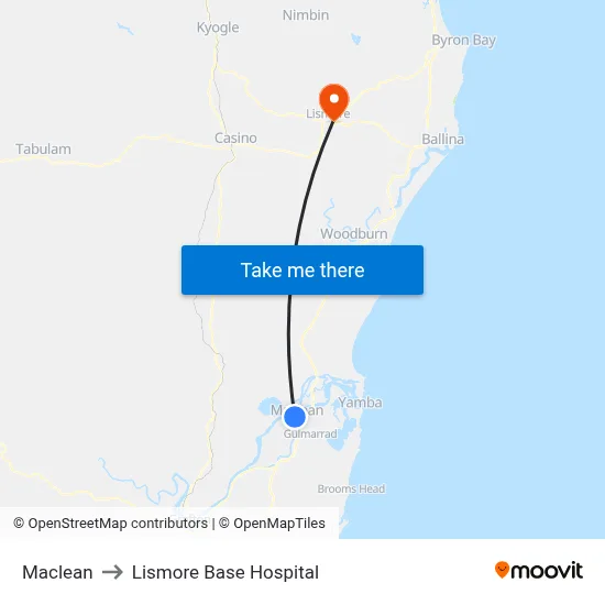Maclean to Lismore Base Hospital map