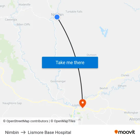 Nimbin to Lismore Base Hospital map