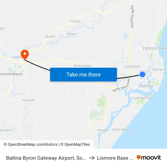 Ballina Byron Gateway Airport, Southern Cross Dr to Lismore Base Hospital map