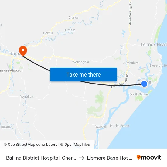 Ballina District Hospital, Cherry St to Lismore Base Hospital map