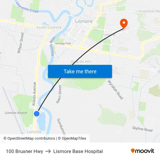 100 Bruxner Hwy to Lismore Base Hospital map