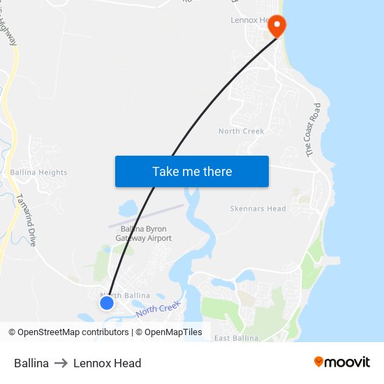 Ballina to Lennox Head map