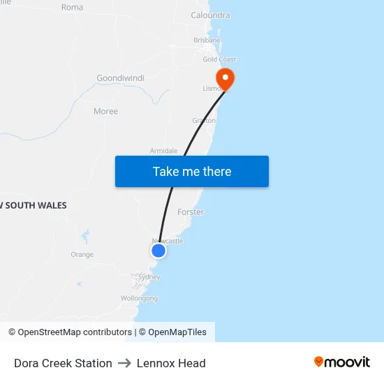 Dora Creek Station to Lennox Head map