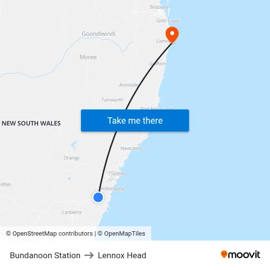 Bundanoon Station to Lennox Head map