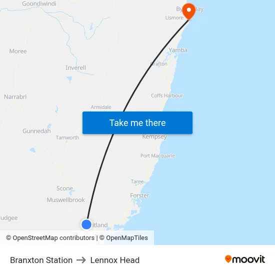 Branxton Station to Lennox Head map
