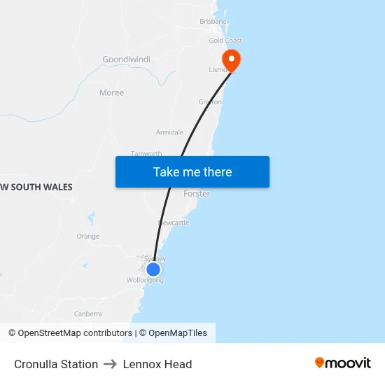Cronulla Station to Lennox Head map
