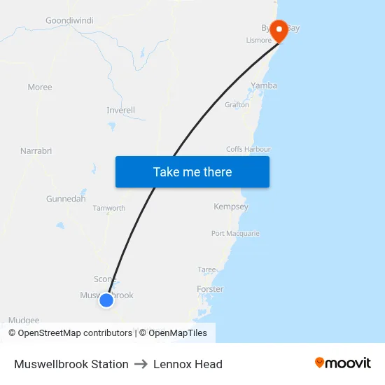 Muswellbrook Station to Lennox Head map