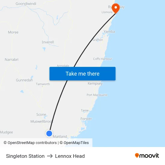 Singleton Station to Lennox Head map