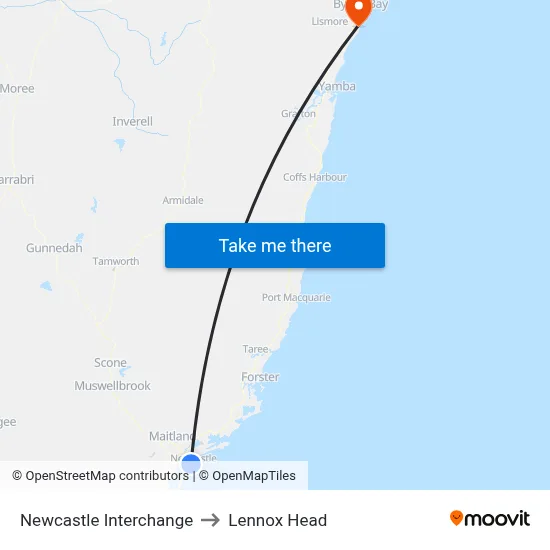 Newcastle Interchange to Lennox Head map