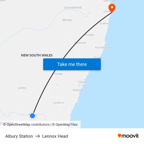 Albury Station to Lennox Head map