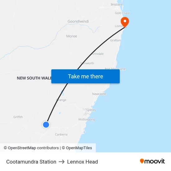 Cootamundra Station to Lennox Head map