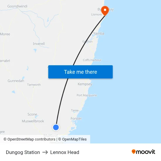 Dungog Station to Lennox Head map