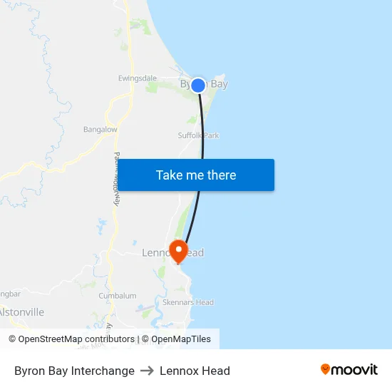 Byron Bay Interchange to Lennox Head map