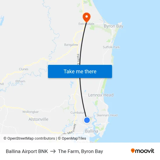 Ballina Airport BNK to The Farm, Byron Bay map