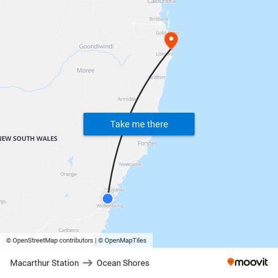 Macarthur Station to Ocean Shores map