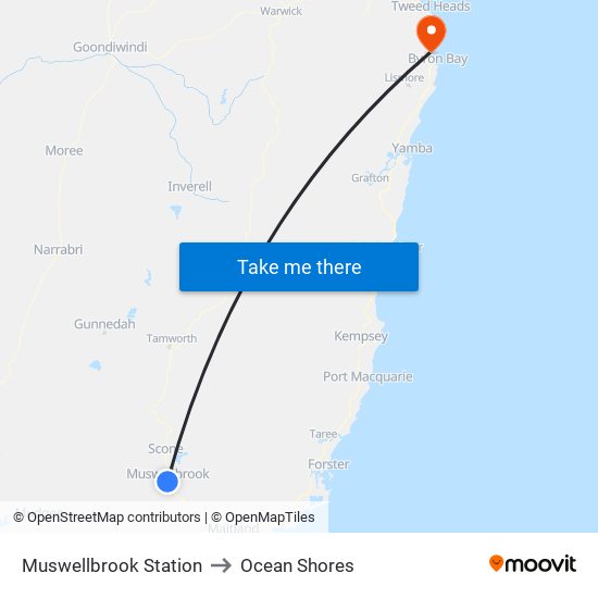 Muswellbrook Station to Ocean Shores map