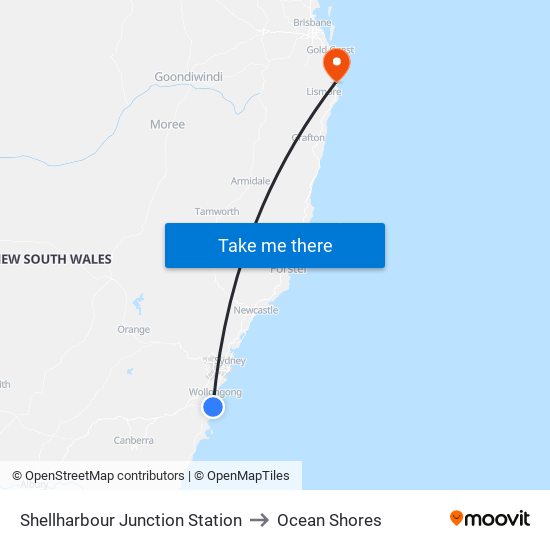 Shellharbour Junction Station to Ocean Shores map