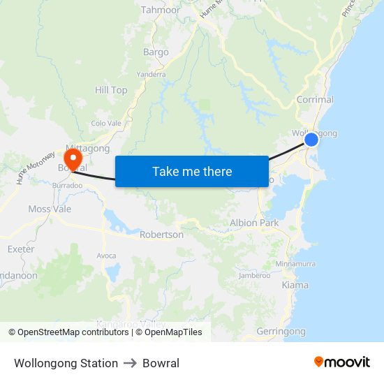 Wollongong Station to Bowral map