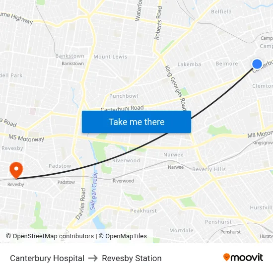 Canterbury Hospital to Revesby Station map