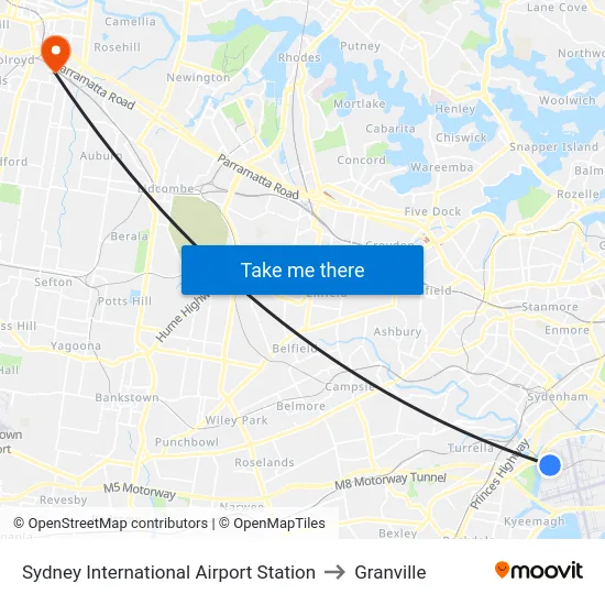 Sydney International Airport Station to Granville map