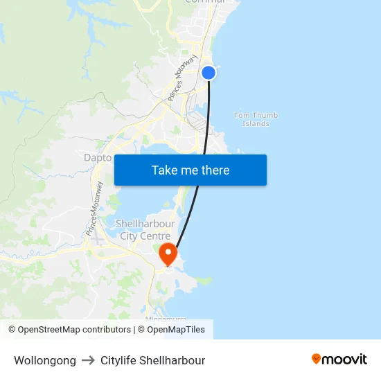 Wollongong to Citylife Shellharbour map