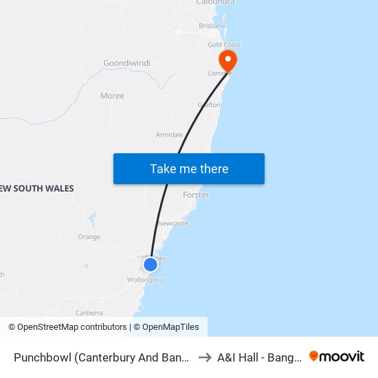 Punchbowl (Canterbury And Bankstown) to A&I Hall - Bangalow map