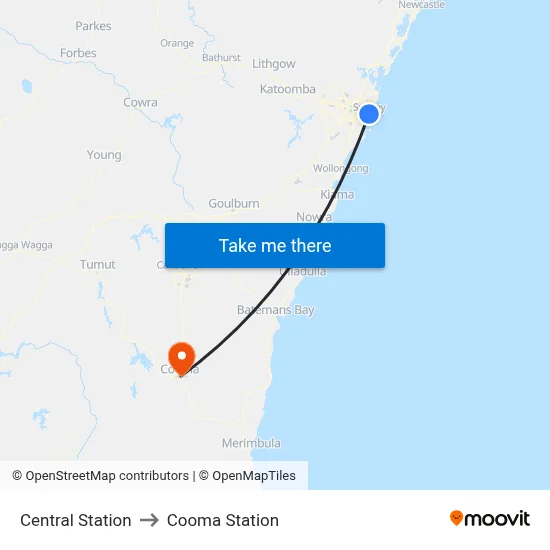 Central Station to Cooma Station map