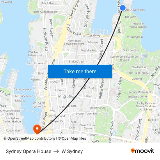 Sydney Opera House to W Sydney map