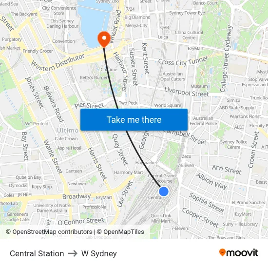Central Station to W Sydney map