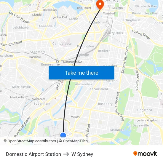 Domestic Airport Station to W Sydney map