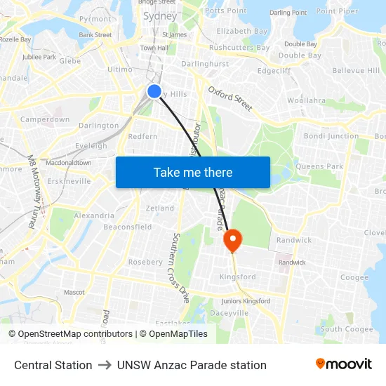 Central Station to UNSW Anzac Parade station map