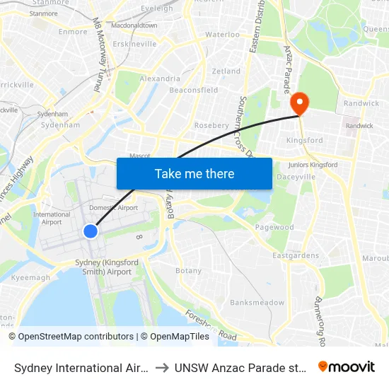Sydney International Airport to UNSW Anzac Parade station map