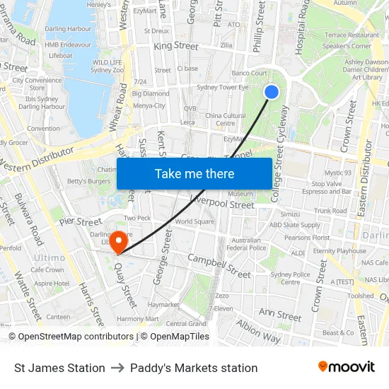 St James Station to Paddy's Markets station map