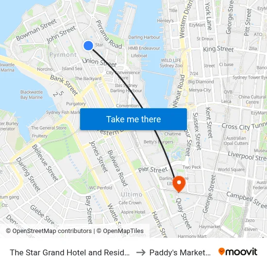 The Star Grand Hotel and Residences Sydney to Paddy's Markets station map