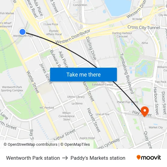 Wentworth Park station to Paddy's Markets station map