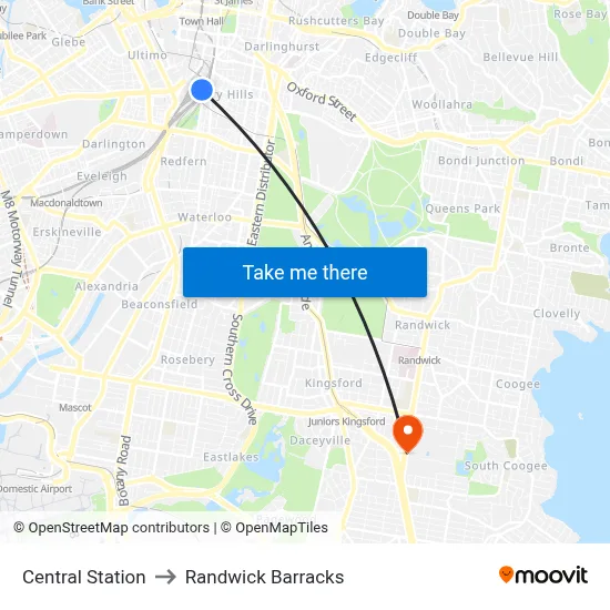 Central Station to Randwick Barracks map