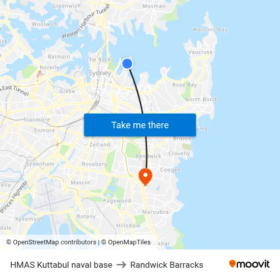 HMAS Kuttabul naval base to Randwick Barracks map