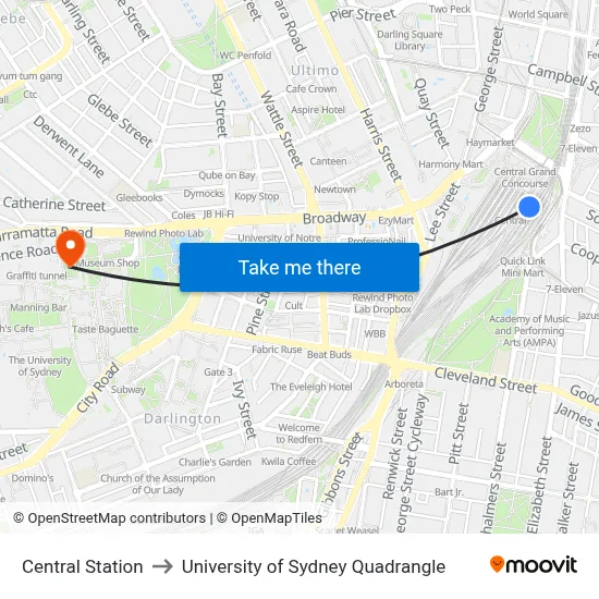 Central Station to University of Sydney Quadrangle map