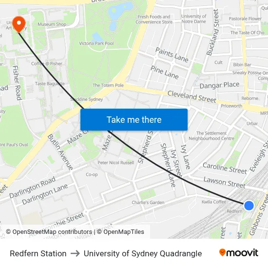 Redfern Station to University of Sydney Quadrangle map
